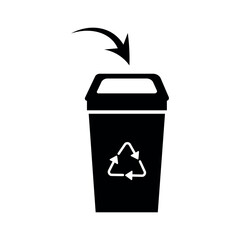 Trash can icon with arrow. Silhouette of a trash can with an arrow. Throw trash icon. Throw to trash icon. Vector flat illustration for website and banner design