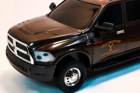 Osaka,Japan - May 2, 2023 : Display of Big Country Toys AMT Adult Collectibles Yellowstone John Dutton Truck in Syudios shot.Realistic 1:20 Scale Ram 3500 Collectible Truck.