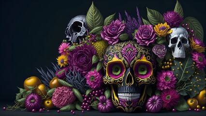 Mexican skull calavera surrounded by poetic ornamental flowers. Dia de los Muertos. Generative AI illustration