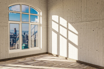 empty urban appartment with skyline view and brigth sunlight trough arched window; modern architecture design; 3D Illustration