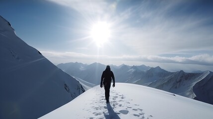 Explorer stand in front of high mountain peak winter snowy landscape. Generative AI