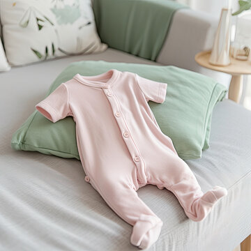 Pink infant bodysuit made of organic cotton lay on light green pillow on sofa. Template for brand, logo, advertising, mockup. Top view on infant rompers. AI generative Generative AI