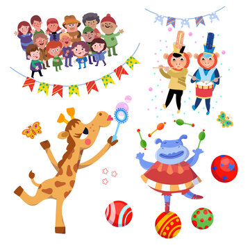 Set of cute circus animals. Hippo juggler, musician monkeys, giraffe with soap bubbles, cloud. Cartoon style illustration. Isolated character for design on white background. Vector illustration.