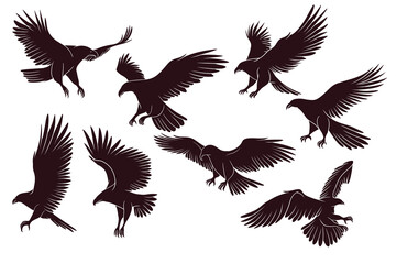 Hand drawn silhouette of flying eagle