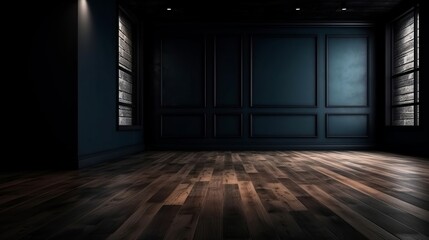 Cleanse light somber divider with shocking chiaroscuro and wooden floor. Facilitate establishment for thing presentation. Creative resource, AI Generated