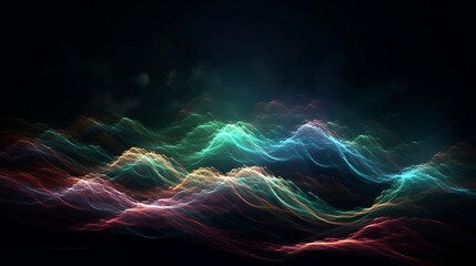 Advanced, neon colored, enlightening lines crossing clouds at night over dim foundation. Creative resource, AI Generated