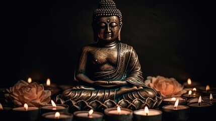 Fototapeta premium Buddha statue in reflection with lotus blossom and burning candles. Creative resource, AI Generated