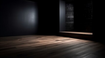 Cleanse light bleak divider with astounding chiaroscuro and wooden floor. Coordinate foundation for thing introduction. Creative resource, AI Generated - obrazy, fototapety, plakaty