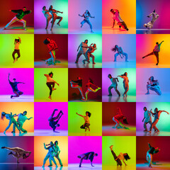 Fototapeta na wymiar Collage. Diverse young people, male and female hip-hop, freestyle dancers performing against multicolored background in neon light. Concept of contemporary dance style, youth, hobby, action and motion