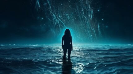 Diagram of lean woman standing in ocean at night and moving to cloud white sparkling space. Creative resource, AI Generated