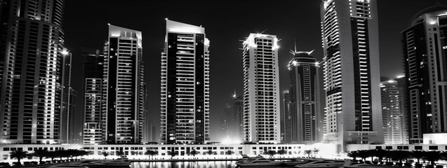 City landscape with skyscrapers at night in black and white, banner, header, wallpaper, generative ai