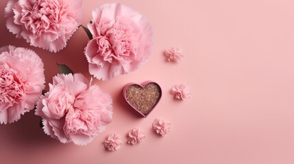 A astounding Mother's Day favoring course of action. Best see photo of pink carnations, and paper hearts organized on a pastel pink foundation. Creative resource, AI Generated