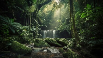 Fototapeta na wymiar waterfall in a tropical wild. Creative resource, AI Generated