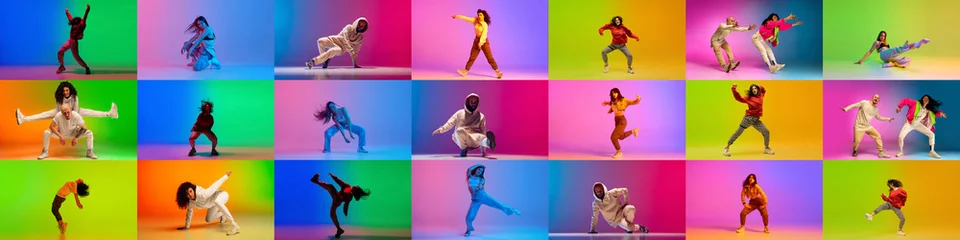 Foto op Canvas Collage. Dynamic images of talented young people dancing hip-hop against multicolored background in neon light. Concept of contemporary dance style, youth, hobby, action and motion © master1305