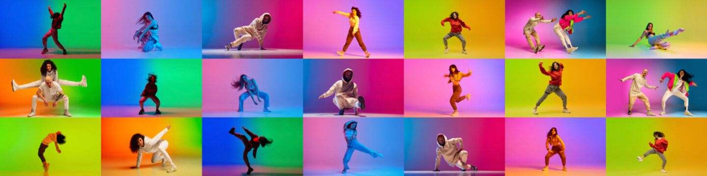 Collage. Dynamic images of talented young people dancing hip-hop against multicolored background in neon light. Concept of contemporary dance style, youth, hobby, action and motion