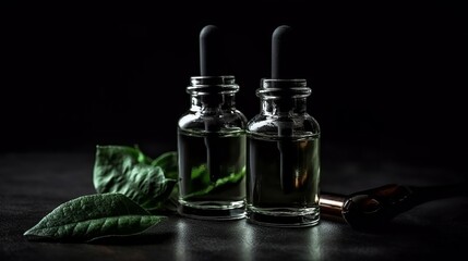 Obliging serum in a glass bottles with a pipette on a disheartening establishment with green takes off on a dim establishment. Creative resource, AI Generated