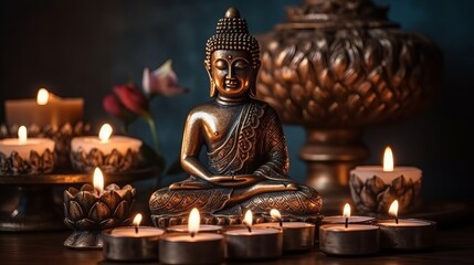 Buddha statue in reflection with lotus make and burning candles. Creative resource, AI Generated
