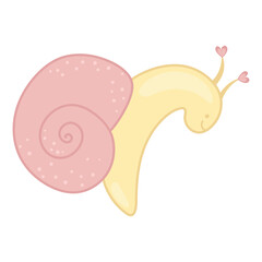 Cute snail in love. Pink and yellow colors. Simple illustration in kawaii style. Design element for prints and stickers. Clipart for Valentine's Day.