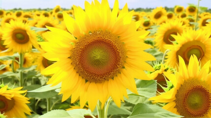 Fototapeta premium 真夏の空の下、満開に咲くひまわり。背景は黄色一面の向日葵畑。