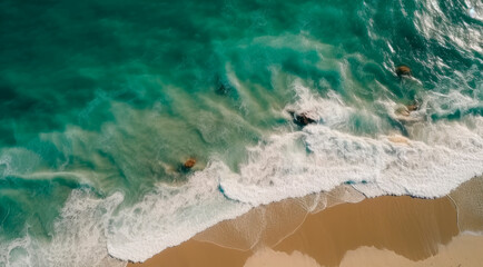 Obraz premium Aerial view of a beach with turquoise water. Generative AI
