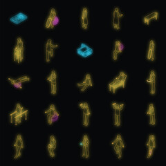 Physical therapist icons set. Isometric set of physical therapist vector icons neon color on black