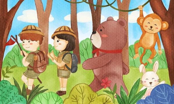 The adventure of wildlife animals and boy scout , girl scout in jungle . Watercolor paint design . Cartoon character . Vector .