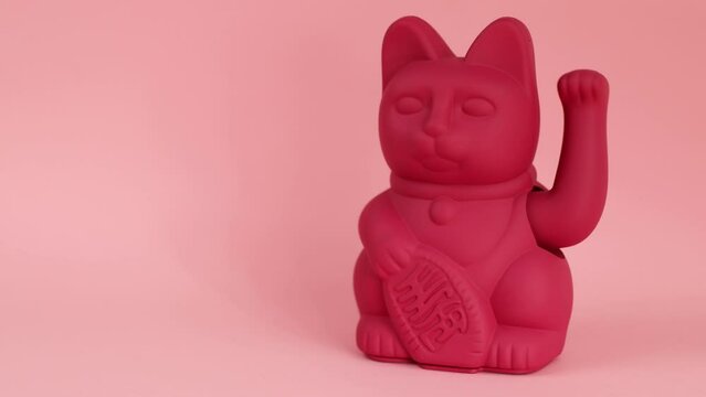Lucky cat Magenta Maneki-neko Symbolizing luck and wealth on pink background seemless loop