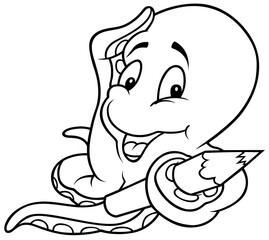 Drawing of a Cute Octopus with a Crayon in a Tentacle