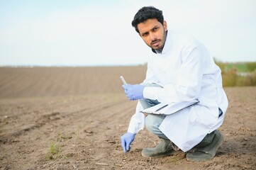 Soil Testing. Indian Agronomy Specialist taking soil sample for fertility analysis. Hands in gloves close up. Environmental protection, organic soil certification, field work, research