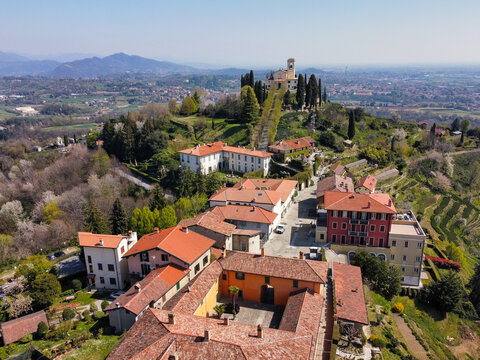 aerial view of the town of Montevecchia, the sanctuary in the background.