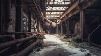 Fototapeta na wymiar Illustration of abandoned rusty factory with copy space. Industrial indoor background. AI generative image.