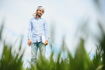 worry less ,indian farmer standing in his healthy wheat field