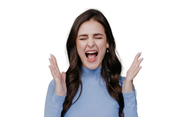 Loud screaming brunette angry girl in lilac sweater eyes closed with opened moth shouting rises hands up. Beautiful hispanic young woman annoyed, frustrated, scared over transparent background