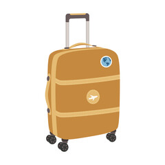 Large, leather suitcase on wheels for tourism, vacation travel. Hand baggage. Vector illustration isolated on white background.