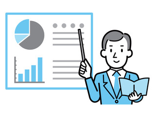 グラフ分析を使って説明するビジネスマンのイラスト