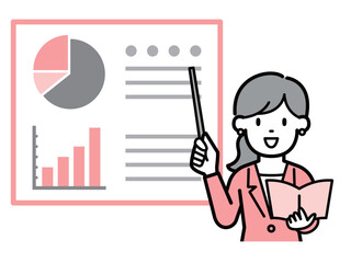 グラフ分析を使って説明するビジネスウーマンのイラスト