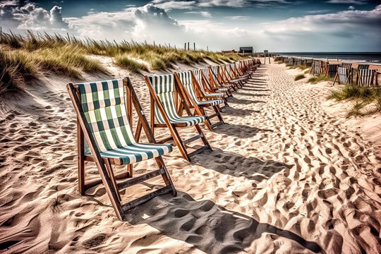 Summer chairs and lounge chairs carefully arranged in a straight line on a beach behind a grassy dune, made with generative ai
