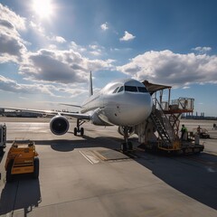 Aircraft being being maintenance at gate terminal, Business transportation and service. generative ai