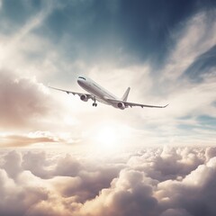 Fototapeta na wymiar Vacation Trip, International Aviation, Passengers Transportation, Holiday Trip, and Tourist Travel Concept with an Airplane Flying in the Clouds. generative AI