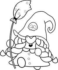 Cute Halloween witch faceless gnome cartoon doodle outline for colouring stamp hand drawing