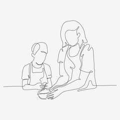 Continuous one line design of a mother and her son together making a cake. Cute cooking art character. Minimalist style vector illustration on white background.