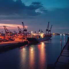 goods ship terminal at dusk, with a crane unloading goods. generative AI