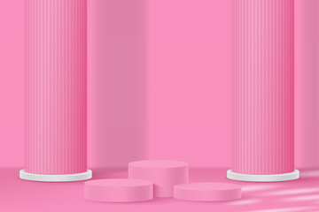 3d product display podium platform. 3d realistic pink cylinder pedestal podium. The stage for the showcase. Minimal wall scene for mockup product display. 3d podium vector illustration.