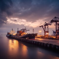 Cargo ship terminal at twilight scene, Unloading crane of cargo. generative AI