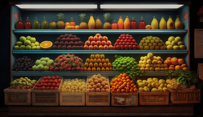 Fruits and vegetables are displayed in a supermarket. Toned. AI
