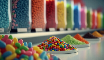 Fototapeta na wymiar Colorful candies on a shelf in a supermarket. 3d rendering by AI