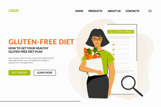A webpage about the gluten-free diet. A woman reads information about a healthy eating plan and buys groceries. The concept of gluten free diet, diet food, meal planning, wellness.  Vector image