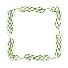Willow tree frame with green leaves. Square border for greeting card decorating, invitation cards. Colored vector isolated on white background