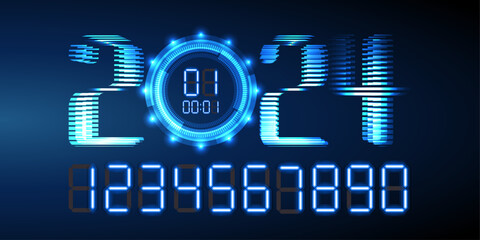 Celebration of the Happy New Year 2024 with a blue light abstract on a futuristic technology background, featuring a countdown concept. The digital clock can be adjusted. Vector.