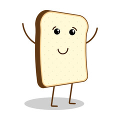 Funny piece of bread character with cheerful joyful face expression. Diet and proper nutrition, adherence to daily diet. Flat vector isolated on white background